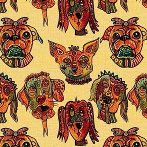 Whimiscal Surrealist, funny patterned dog faces facing forward with burlap texture on yellow 6” repeat