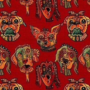 Whimiscal Surrealist, funny patterned dog faces facing forward with burlap texture on rich red 6” repeat