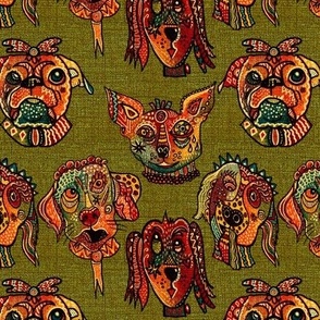 Whimiscal Surrealist, funny patterned dog faces facing forward with burlap texture on deep khaki green 6” repeat