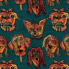 Whimiscal Surrealist, funny patterned dog faces facing forward with burlap texture on deep dark teal 6” repeat