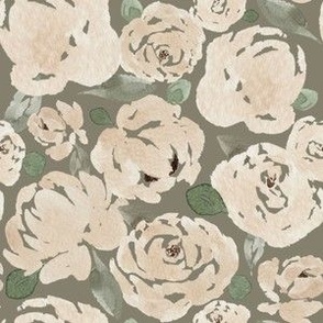 Small - Luscious Cream Florals -  Green Beige