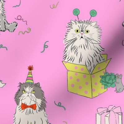 Medium - pink cat party - grumpy persian cats celebrating birthday - presents drinks balloons gifts mice birthday hats