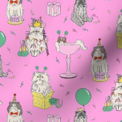 Small - pink cat party - grumpy persian cats celebrating birthday - presents drinks balloons gifts mice birthday hats