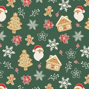 classic christmas - snowflakes,  gingerbread cookies, santas and poinsettias on green-grey