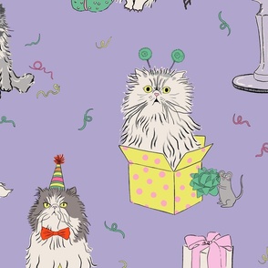 Large - Digital Lavender cat party - grumpy persian cats celebrating birthday - presents drinks balloons gifts mice birthday hats