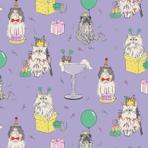 Medium - Digital Lavender cat party - grumpy persian cats celebrating birthday - presents drinks balloons gifts mice birthday hats