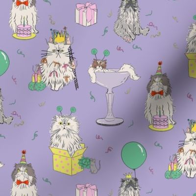 Small - Digital Lavender cat party - grumpy persian cats celebrating birthday - presents drinks balloons gifts mice birthday hats