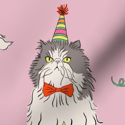 Large - Light mauve cat party - grumpy persian cats celebrating birthday - presents drinks balloons gifts mice birthday hats