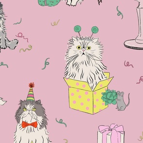 Large - Light mauve cat party - grumpy persian cats celebrating birthday - presents drinks balloons gifts mice birthday hats