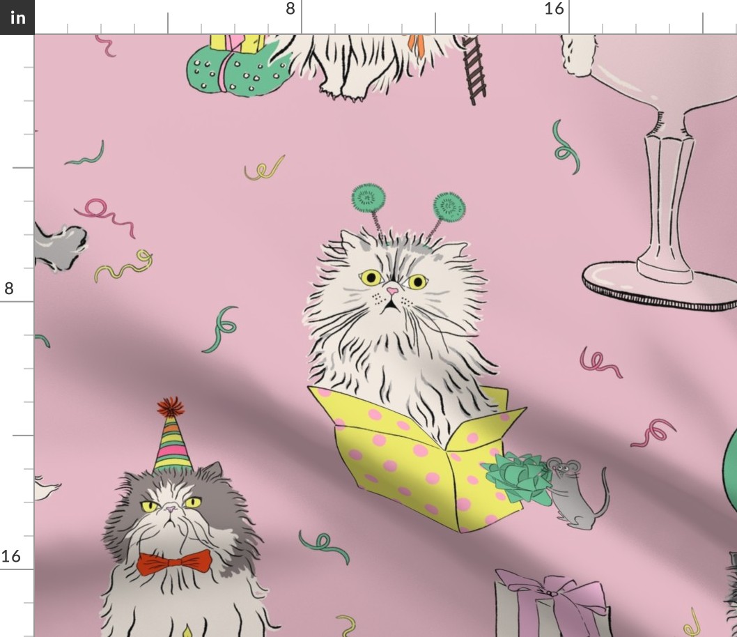 Large - Light mauve cat party - grumpy persian cats celebrating birthday - presents drinks balloons gifts mice birthday hats