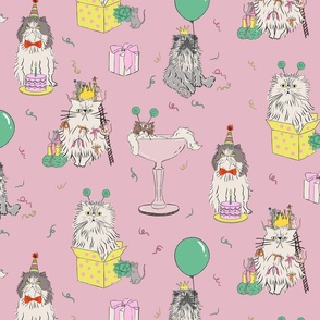 Medium - Light mauve cat party - grumpy persian cats celebrating birthday - presents drinks balloons gifts mice birthday hats