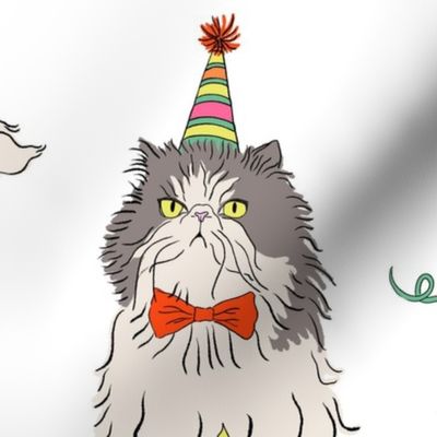 Large - White cat party - grumpy persian cats celebrating birthday - presents drinks balloons gifts mice birthday hats