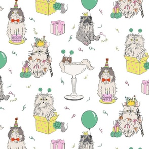 Medium - White cat party - grumpy persian cats celebrating birthday - presents drinks balloons gifts mice birthday hats