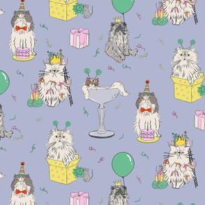 Medium - Soft shadow blue cat party - grumpy persian cats celebrating birthday - presents drinks balloons gifts mice birthday hats