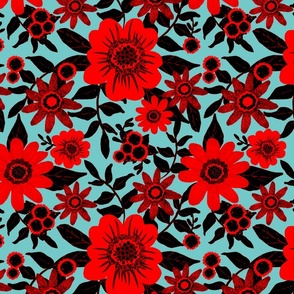 Red Jungle Florals on Turquoise Blue, medium
