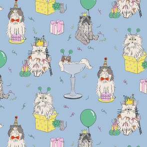 Medium - Sky blue cat party - grumpy persian cats celebrating birthday - presents drinks balloons gifts mice birthday hats