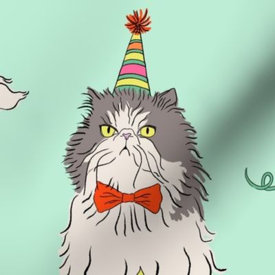 Large - Pastel green mint cat party - grumpy persian cats celebrating birthday - presents drinks balloons gifts mice birthday hats