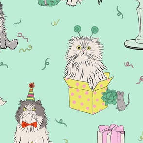 Large - Pastel green mint cat party - grumpy persian cats celebrating birthday - presents drinks balloons gifts mice birthday hats
