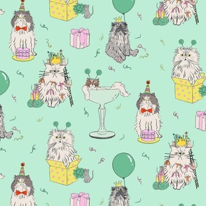 Medium - Pastel green mint cat party - grumpy persian cats celebrating birthday - presents drinks balloons gifts mice birthday hats
