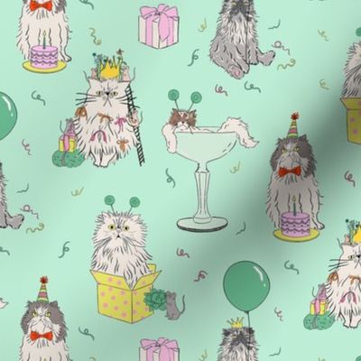 Small - Pastel green mint cat party - grumpy persian cats celebrating birthday - presents drinks balloons gifts mice birthday hats