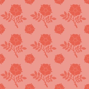 Vintage damask style English roses and rose medallions in coral red  on raspberry pink