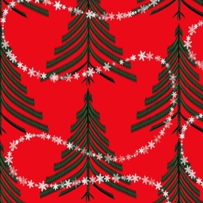 Block print Eevrgreen Trees with Snow loop on red background