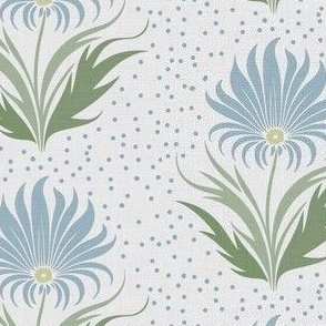 Beatrix Blue Green Linen  Block Print Chamomile