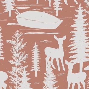 Deer By The Lake With Rowing Boat And Trees Clay Pink And Off White Large