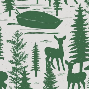 Deer By The Lake With Rowing Boat And Trees Sage Green And Off White Large