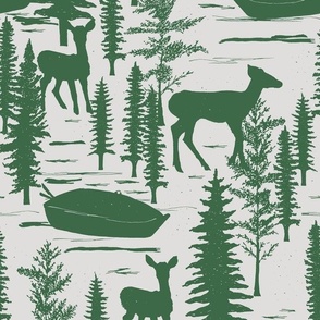 Deer By The Lake With Rowing Boat And Trees Sage Green And Off White Medium