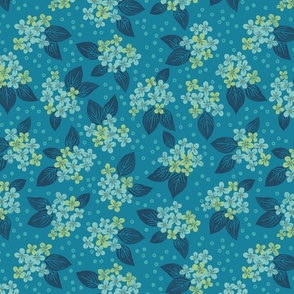 floral botanical block print hydrangea toss dark teal blue 14IN