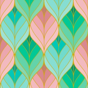 Art Deco Leaves - Green & Pink - Medium