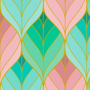 Art Deco Leaves - Green & Pink - Large