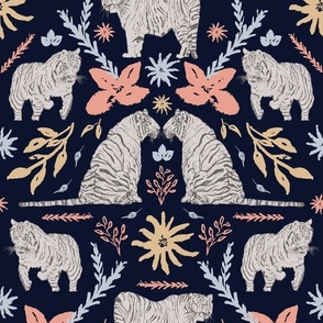 Hand Drawn Tigers With Coral Flowers And Ochre Yellow Leaves Navy Blue Medium