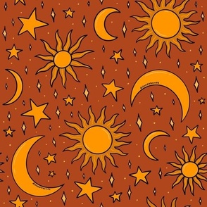 Vintage Sun and Star Print in Rust