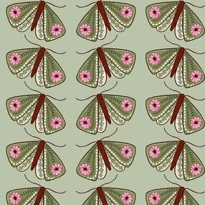 Folky Floral Green Moths on Green Medium Scale fabric pattern