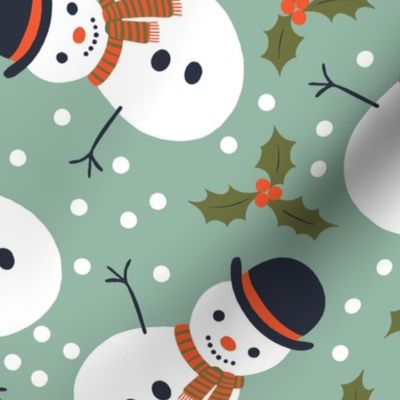 Snowmen and holly - white, green and red on rosemary - Large scale by Cecca Designs