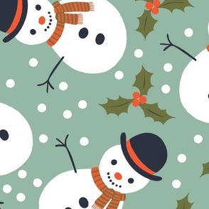 Snowmen and holly - white, green and red on rosemary - Large scale by Cecca Designs
