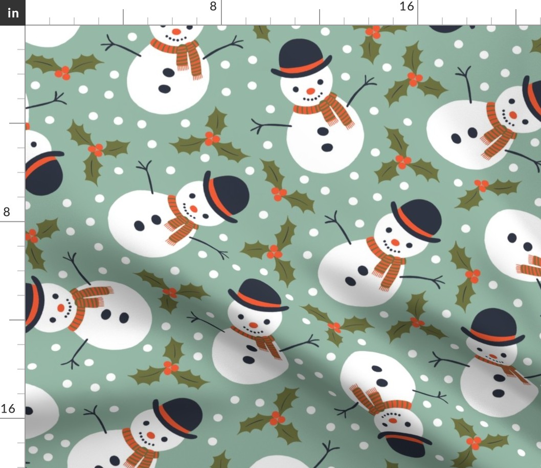 Snowmen and holly - white, green and red on rosemary - Large scale by Cecca Designs