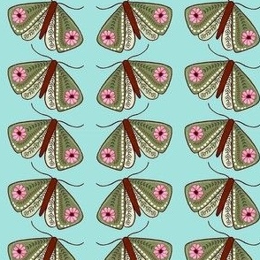 Folky Floral Moths Aqua and Green Medium scale fabric pattern