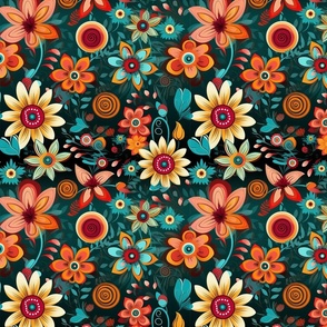 Vintage Retro Style Flowers Pattern 2 Larger Scale