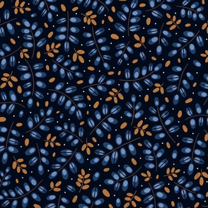 Midnight Botanical Whispers: A Stylized Navy and Ochre Twig Pattern // normal scale 0002 V // 