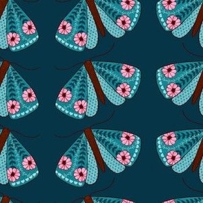 Folky Floral Moth in Aqua on Deep Blue Medium scale fabric