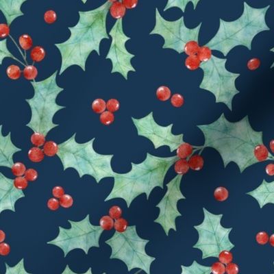 Watercolor Christmas holly leaves and berries-dark blue