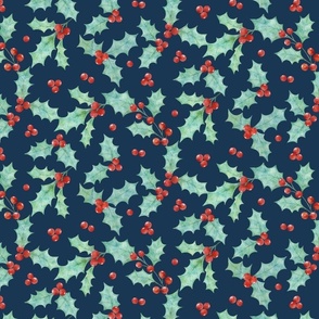 Watercolor Christmas holly leaves and berries-dark blue
