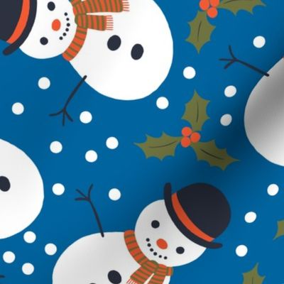 Snowmen and holly - blue, white and red - large scale by Cecca Designs