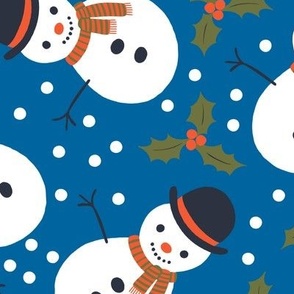 Snowmen and holly - blue, white and red - large scale by Cecca Designs