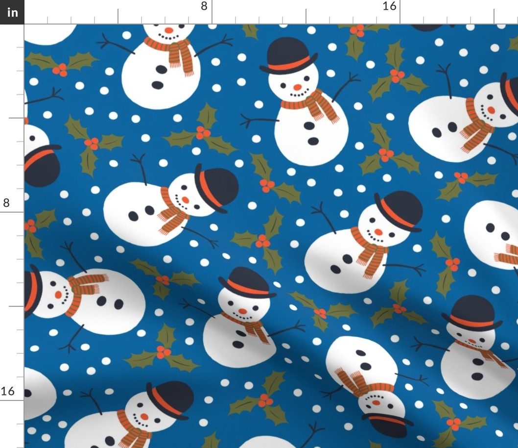 Snowmen and holly - blue, white and red - large scale by Cecca Designs