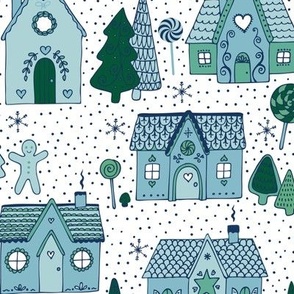 Gingerbread houses in the snow - mint and ice blue on white - Medium scale by Cecca Designs