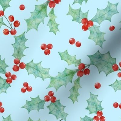 Watercolor Christmas holly leaves and berries-light blue